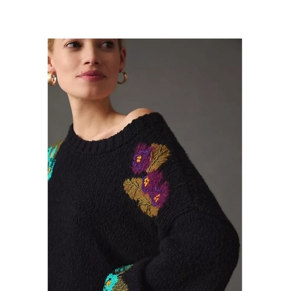 Anthropologie Maeve Embroidered Flowers Cropped Sweater Size Medium NWT - Picture 5 of 16